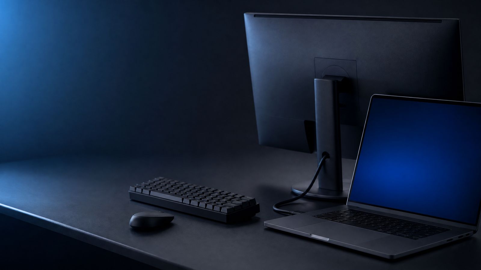 A dark desktop workstation with a laptop, an external monitor facing away, a keyboard, a mouse and a USB cable on the desk.